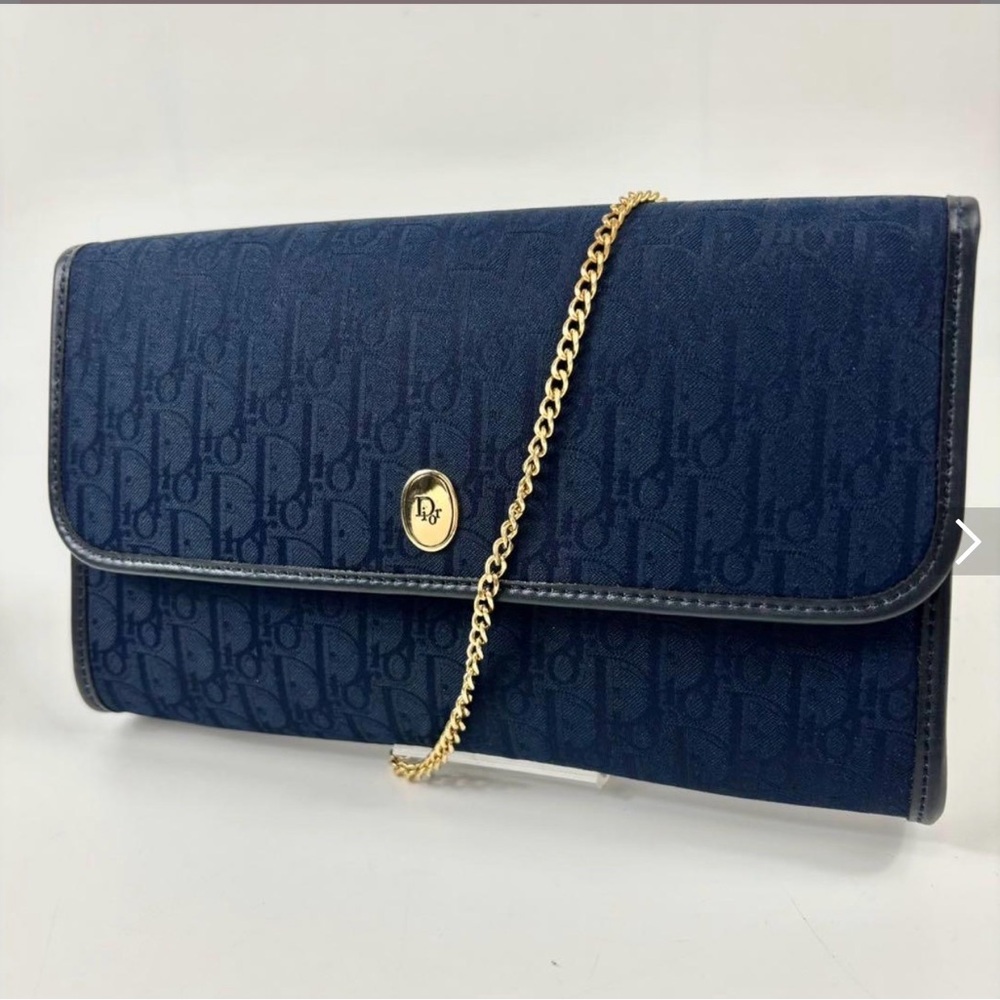 Dior Midnight Blue Monogram Clutch with Gold Chain